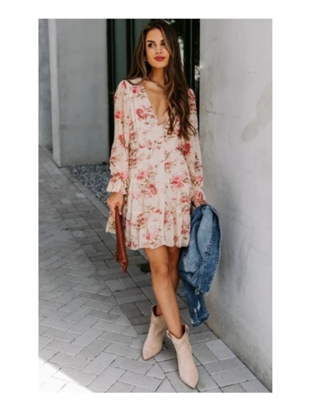 VICI Tiered Babydoll Floral V-Neck Long Sleeve Mini Dress - Blush Pink